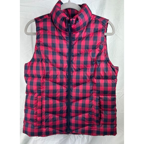 Lands'‎ End Down Puffer Vest Women's Small Red Plaid  Snap Pockets Mock Neck - Picture 1 of 6